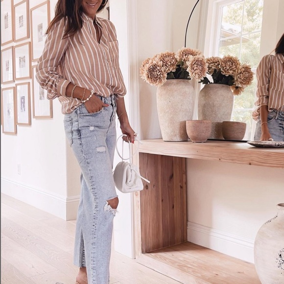 Express Tops - Striped One Pocket Boyfriend Shirt XS